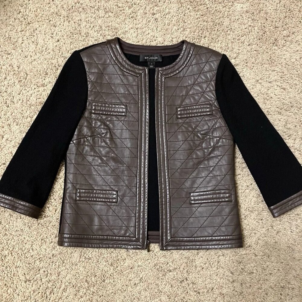 ST. JOHN Jacket LEATHER / SANTANA KNIT Black / Brown - Sz 2 Excellent!